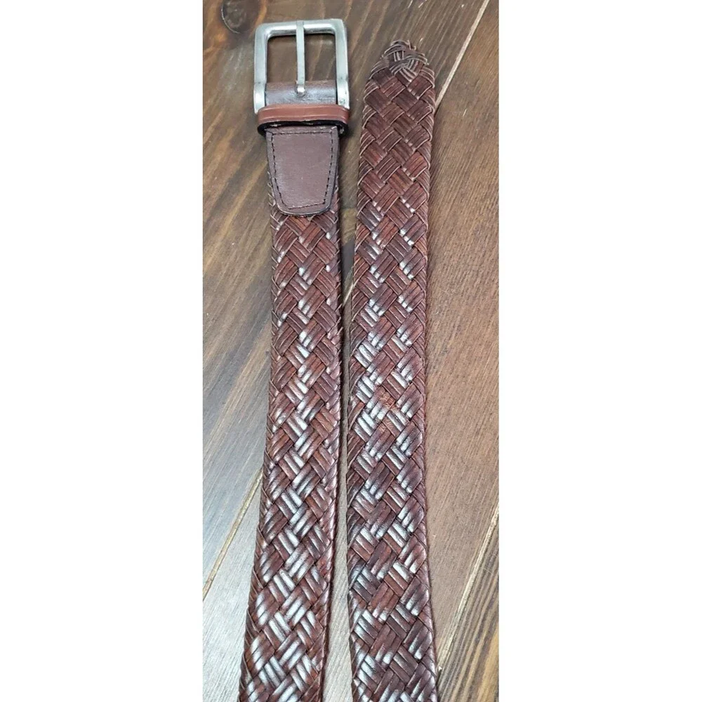 Men's Braided Belt 40 Brown All Leather Woven Braided Brass Buckle Dress Work